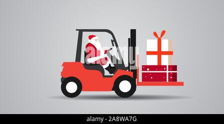 Santa claus fahren Stapler laden bunte Geschenk Geschenk Boxen Lieferung und Versand Konzept frohe Weihnachten Frohes neues Jahr Winterurlaub Feier horizontale Skizze Vector Illustration Stock Vektor