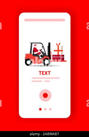 Santa claus fahren Stapler laden Geschenk Geschenk Boxen Lieferung Konzept frohe Weihnachten Frohes neues Jahr Winterurlaub Feier der Bildschirm des Smartphones online mobile App vertikale Vektor illustration Stock Vektor