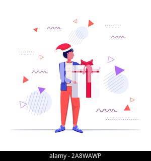 Mann in Santa Claus hat Holding Geschenk Geschenk Box frohe Weihnachten Frohes neues Jahr Winterurlaub feier Konzept Kerl mit Überraschung voller Länge Skizze Vector Illustration Stock Vektor