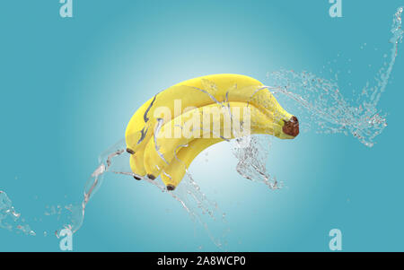 Bananen fließt in die Luft, während reines Wasser spritzt auf blauem Hintergrund. Gesunde Ernährung lifestyle Konzept mit einem frischen Design. 3D-Rendering. Stockfoto