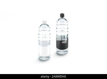 Leere transparente Plastikflasche mit schwarzem und weißem Etikettenmockup Stockfoto