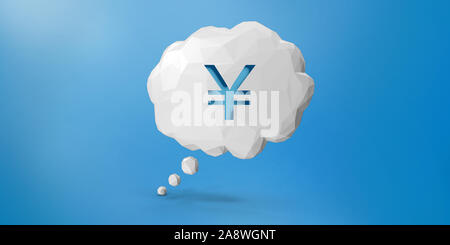 Schneiden Sie Yen oder Yuan Symbol in einem niedrigen Polly cloud Form Sprechblase auf blauem Hintergrund. Bild mit hoher Auflösung mit kopieren. 3D-Rendering. Stockfoto