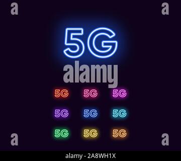 Neon 5G Symbol Netzwerk, Mobile Technologie. Satz von Leuchtreklamen, drahtlose 5G-Internet-Verbindung mit hoher Geschwindigkeit Datenübertragungsrate für Telefone. Isolierte gl Stock Vektor