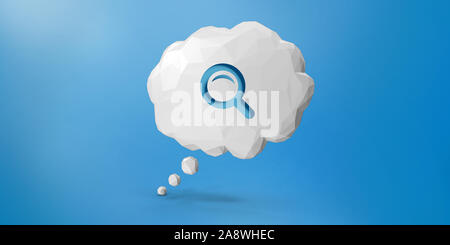 Auf das Symbol Suche in einer niedrigen Polly cloud Form Sprechblase auf blauem Hintergrund. Bild mit hoher Auflösung mit kopieren. 3D-Rendering. Stockfoto