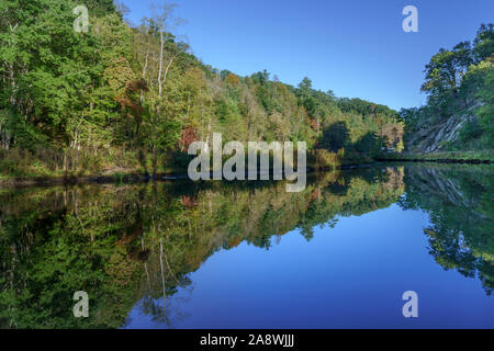 Bäume und Berg im See spiegeln. Stockfoto