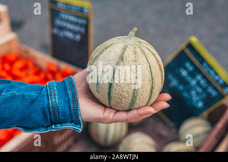 Gordes, Provence-Alpes-Cote d'Azur, Frankreich, 25. September 2018: Cavaillon Melone in der Hand eines Mädchens - eine traditionelle Bauernmarkt in der Provence Stockfoto