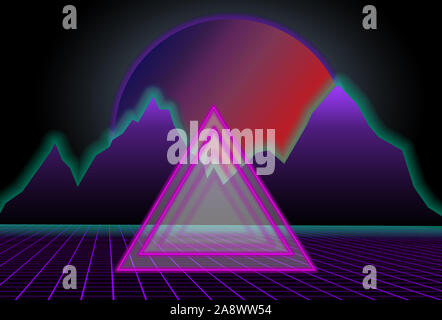 Im Stil der 80er Sci-fi, schwarzer Hintergrund mit roten Sonnenuntergang hinter lila Berge und Dreieck in der Mitte der Abbildung. futuristische Plakat Vorlage. Stockfoto