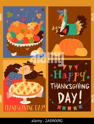Sset Danksagung Karte mit der Türkei und Ernte Stock Vektor