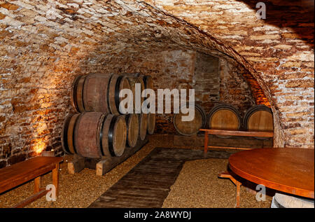Weinprobe, Keller, Mauerwerk, gewölbte Decke, alten Holzfässern, Bänke, rustikal, Degustation, Business, Burgund, Beaune, Frankreich, horizontal Stockfoto
