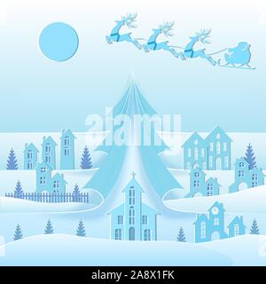 Für das neue Jahr. Weihnachten. Hintergrund von einem Weihnachtsbaum. Bild von santa claus Hirsch lodges Landschaft. Schneiden Sie aus blauen Papier. Vector Illustration Stock Vektor