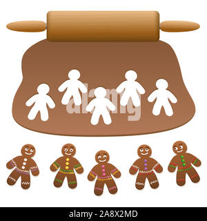 Gingerbread Man Gruppe. Lebkuchen Teig mit einem Nudelholz und schneiden Sie Lebkuchen Cookies - Abbildung auf weißen Hintergrund. Stockfoto