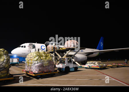 (191111) - Peking, November 11, 2019 (Xinhua) - Arbeitnehmer laden Ladung an die Flugzeuge an Cainiao Xiaoshan International Airport in Hangzhou, Osten Chinas Provinz Zhejiang, Okt. 30, 2019. (Xinhua / Huang Zongzhi) Stockfoto