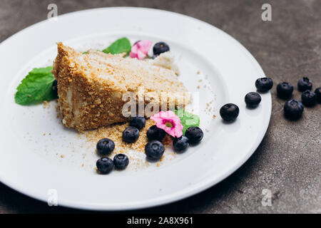 Scheibe Honigkuchen auf Platte mit Beeren auf einem grauen Hintergrund eingerichtet. Stockfoto
