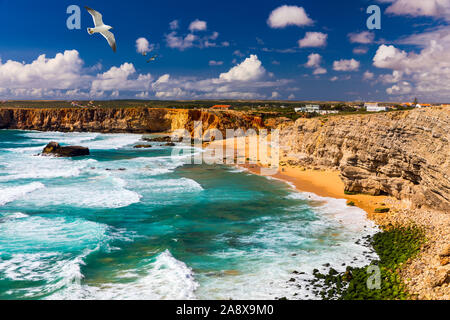 Panorama der Praia do Tonel (Tonel Strand) in Cape Sagres, Algarve, Portugal. Möwen fliegen über Praia Do Tonel, Strand im Alentejo, Portu entfernt Stockfoto