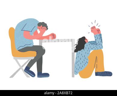 Tasche Stimmung. Junger Mann und Frau mit treir negative Emotionen auf weißem Hintergrund. Vektor illustartion. Stock Vektor