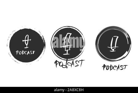 Podcast Embleme. Text und Logo. Studio Mikrofon und Beschriftung. Vector Illustration. Stock Vektor