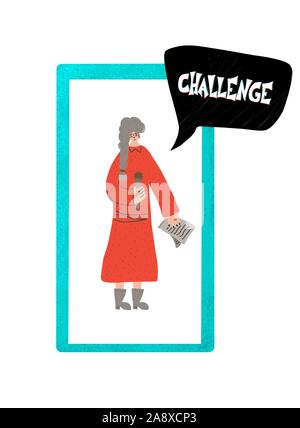 Herausforderung Konzept. Social Media flashmob. Cute woman im Bildschirm "Telefon". Vector Illustration. Stock Vektor