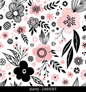 Nahtlose Muster Floral Design. Hand gezeichnet doodle Blumen und Blätter. Farbpalette lebende Koralle. Vector Illustration. Perfekt für Textil-, Gewebe-, Geschenkpapier design Stock Vektor