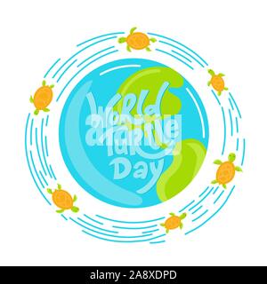 Welt Turtle Tag 23. Mai Hintergrund. Schriftzug mit Hand gezeichnete Elemente. Moderne doodle Stil. Vector Illustration. Stock Vektor