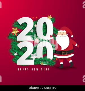 Santa Claus mit auf den Spaziergang Weihnachtsgeschenke auf rotem Hintergrund zu liefern. 2020 und ein gutes neues Jahr text Schriftzug Vector Illustration. Stock Vektor