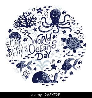 Welttag der Ozeane. Meer Tiere. Cute Qualle, Wal, Kraken, Seesterne, Schildkröten und handgezeichneten Schriftzug. Vector Illustration in doodle Stil. Ozean Konzept Schützen Stock Vektor