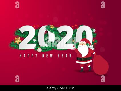 Santa Claus mit einem riesigen Beutel auf dem Spaziergang Weihnachtsgeschenke auf rotem Hintergrund zu liefern. 2020 und ein gutes neues Jahr text Schriftzug Vector Illustration. Stock Vektor