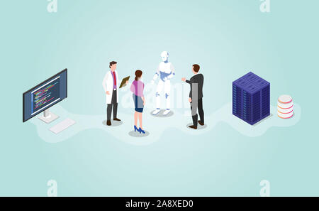 Technik der Zukunft Roboter ai künstliche Intelligenz Entwicklung mit isometrischen modern Flat Style-Vektor Stockfoto