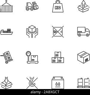 Cargo Lieferung, Lager Umrisse Icons Set - schwarzes Symbol auf weißem Hintergrund. Cargo Lieferung, Lager einfache Illustration Symbol gesäumt Einfachheit Stock Vektor