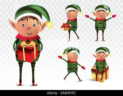 Sammlung wenig elses auf weißem Hintergrund. Santas Helfer. Elf mit Geschenk präsentieren. Icon Set. Vector Illustration Stock Vektor