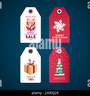 Weißer Aufkleber mit Geschenkbox, Fichte Tanne mit Stern und Dekor mit Kugeln, Schneeflocke und Maus. Weihnachten Geschenk Tags gesetzt. Vector Illustration. Stock Vektor