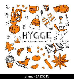 Hygge Hand gezeichneten Elemente. Outline schwarz und weiße Objekte mit orange Details für gemütlichen Design. Vektor illustartion. Stock Vektor