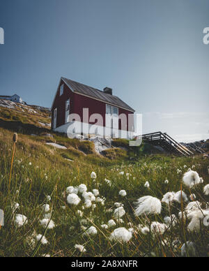 Die Bunte rote Haus der Rodebay Ilulissat, Grönland. Diese Siedlung liegt auf einer kleinen Halbinsel ragt aus dem Festland in östliche Disko Ba entfernt Stockfoto
