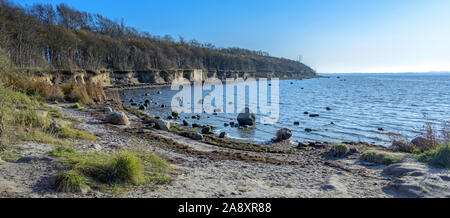 Erodiert Steilküste steilküste an der Westküste der Bucht der deutschen Insel Poel mit Wald und einem steinigen Sandstrand der Ostsee auf einem sonnigen d Stockfoto