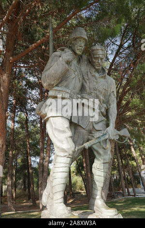 Statue in der Canakkale Martyrs Memorial, ein türkischer Soldat, die verwundeten Anzac Soldat. Stockfoto