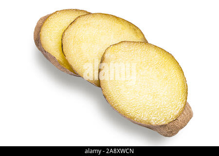 Frische Ingwerwurzel und Scheibe auf weißem Hintergrund Stockfoto