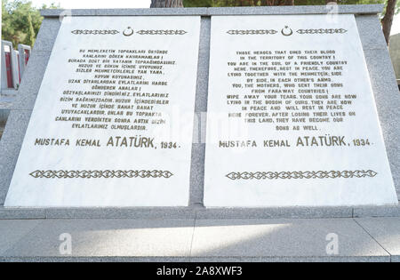 Atatürks "Johnnies und Mehmets Worte über die anzacs. Berühmten Brief von Atatürk (Gründer der modernen türkischen Republik) zu Anzacs. Stockfoto