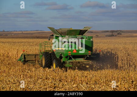 7. November 2019 ländlicher Landkreis Burleigh im südlichen Zentrum von North Dakota. Landwirte, die Mähdrescher und verwandte Maschinen einsetzen, ernten in diesem Jahr Maisernte. Stockfoto