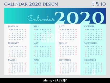 Kreative 2020 Wandkalender Design. Woche beginnt am Sonntag. Vektor bearbeitbaren Vorlage 10 EPS für Plakat, Print, Web Stock Vektor