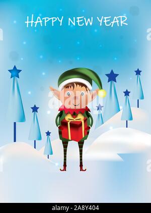 Kleine Elfe mit Geschenk präsentieren. Frohes neues Jahr. Santa's Helfer. Winter, Schnee. Schöne illustratin Stock Vektor
