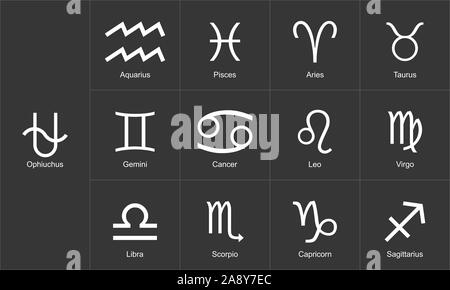 Astrologie und Horoskope Konzept. Astrologischen Tierkreiszeichen 13 einstellen, einschließlich Ophiuchus auf schwarzem Hintergrund. Stockfoto