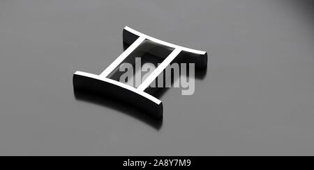 Gemini Zodiac Sign Konzept. Astrologische Horoskop Symbol auf schwarzem Hintergrund. 3D-Darstellung Stockfoto