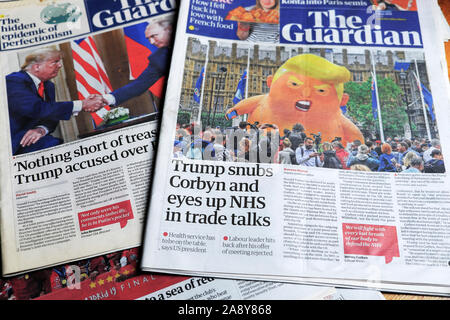 "Trump brüskiert Corbyn und Augen bis NHS in Zeitung Titelseite Schlagzeilen Handelsgespräche" Artikel im Guardian zu Besuch in London England UK Juni 2019 Stockfoto