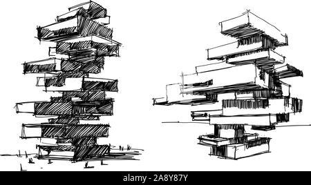 Zwei Hand gezeichneten architektonischen Skizzen einer hoch modernen abstrakten Gebäude oder Residential Tower Stock Vektor