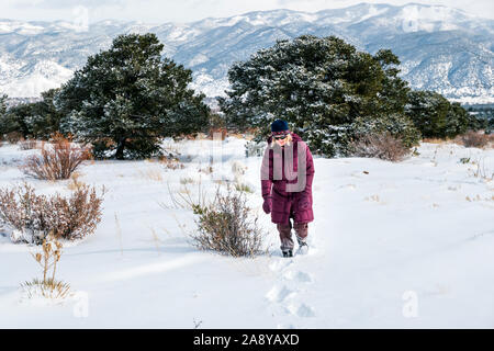 Frau wandern mit Platin farbige Golden Retriever Hund im frischen Schnee in der Nähe von Salida, Colorado, USA Stockfoto