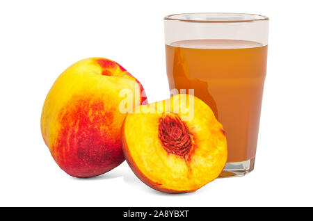 Glas Pfirsich- oder Nektarinenbäume Saft mit Pfirsichen, 3D-Rendering auf weißem Hintergrund Stockfoto