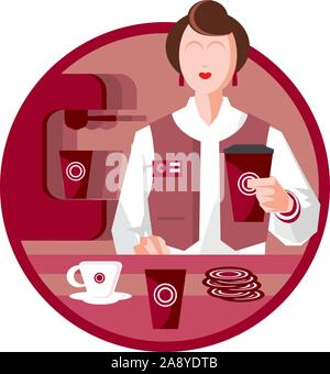 Barista Frau bei der Arbeit mit einer Tasse Kaffee, Flachbild Vektor icon Abbildung Stock Vektor