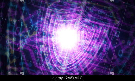 Cyber Security futuristische 3D Rendering Illustration. Konzept für den Schutz des Computers und Internet Sicherheit. Abstrakte Licht Linie das Symbol in Deep 3D-perspec Stockfoto