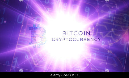 Bitcoin futuristische 3D Rendering Illustration. Abstrakte Digitale intro Hintergrund. Konzept der Internet crypto Währung, blockchain Technologie- und Virtua Stockfoto