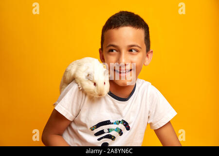 Glückliche junge spielt mit niedlichen Meerschweinchen Stockfoto