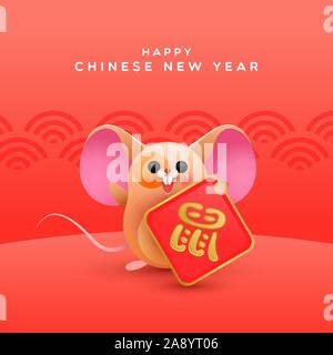 Happy Chinese New Year 2020 Grußkarte Abbildung: cute Funny Mouse Charakter cartoon mit traditionellen roten Landschaft Hintergrund. Kalligraphie sy Stock Vektor